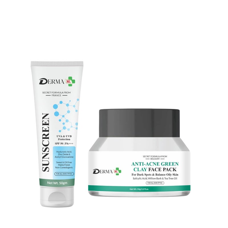 DERMAKR DERMA KR SPF 50 Sunscreen with Hyaluronic Acid and AntiAcne Green Clay Face Pack Skincare Combo Kit100g - Image 1