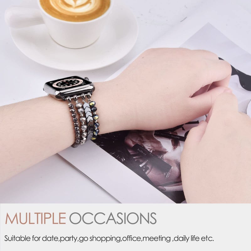 MOFREE Beaded Bracelet Compatible with Apple Watch Band 38mm/40mm/41mm/42mm, Fashion Elastic Stretch Women Bands for iWatch Series 11/10/9/8/7/SE/6/5/4/3/2/1 iPhone Watch Strap Bands (Blue/Dark Grey) - Image 5