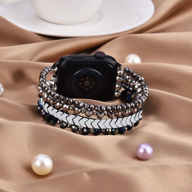 MOFREE Beaded Bracelet Compatible with Apple Watch Band 38mm/40mm/41mm/42mm, Fashion Elastic Stretch Women Bands for iWatch Series 11/10/9/8/7/SE/6/5/4/3/2/1 iPhone Watch Strap Bands (Blue/Dark Grey) - Image 2