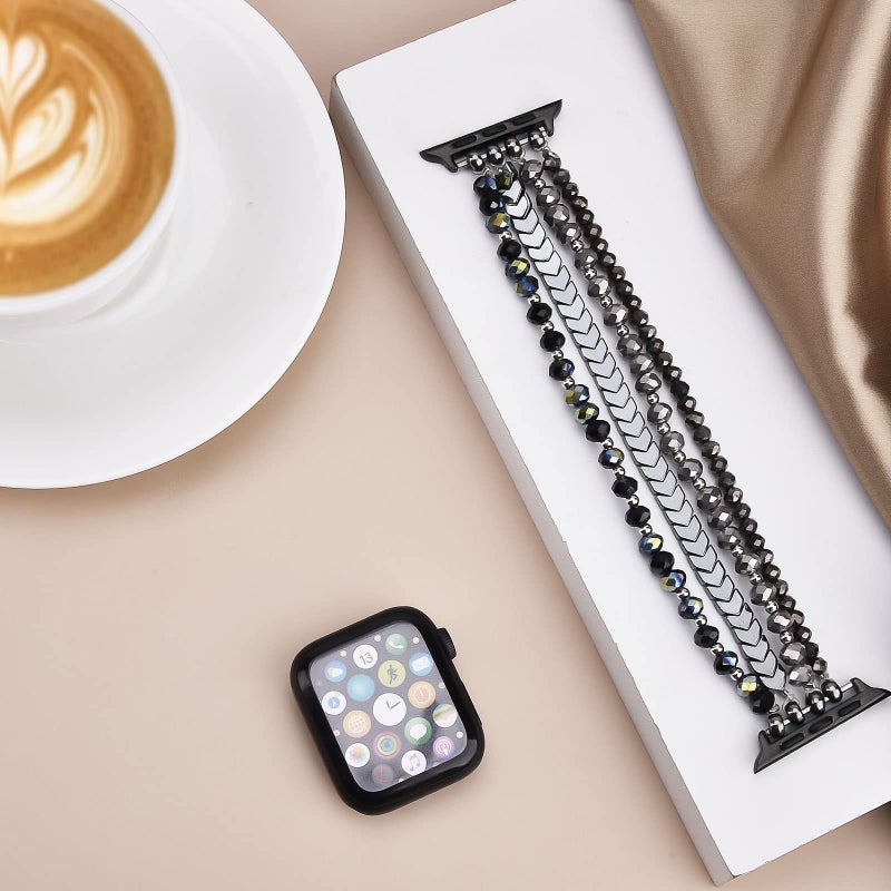 MOFREE Beaded Bracelet Compatible with Apple Watch Band 38mm/40mm/41mm/42mm, Fashion Elastic Stretch Women Bands for iWatch Series 11/10/9/8/7/SE/6/5/4/3/2/1 iPhone Watch Strap Bands (Blue/Dark Grey) - Image 3