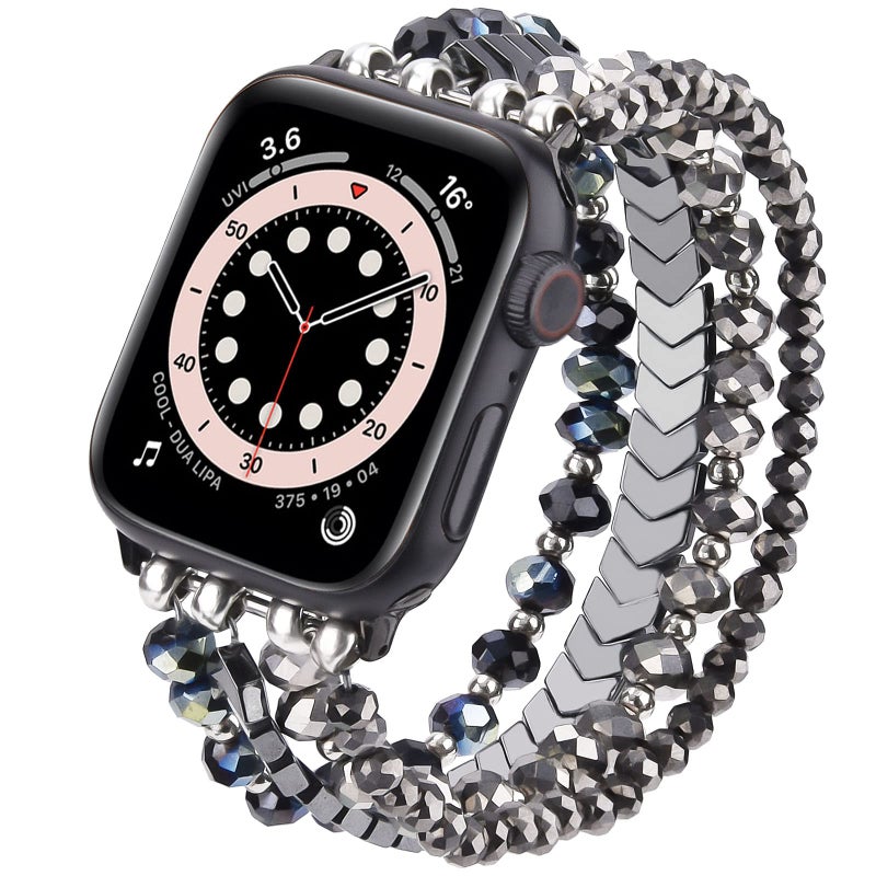 MOFREE Beaded Bracelet Compatible with Apple Watch Band 38mm/40mm/41mm/42mm, Fashion Elastic Stretch Women Bands for iWatch Series 11/10/9/8/7/SE/6/5/4/3/2/1 iPhone Watch Strap Bands (Blue/Dark Grey) - Image 1