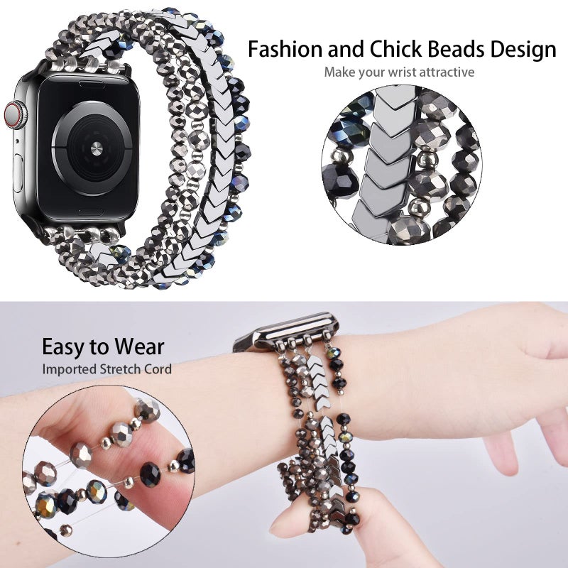 MOFREE Beaded Bracelet Compatible with Apple Watch Band 38mm/40mm/41mm/42mm, Fashion Elastic Stretch Women Bands for iWatch Series 11/10/9/8/7/SE/6/5/4/3/2/1 iPhone Watch Strap Bands (Blue/Dark Grey) - Image 4