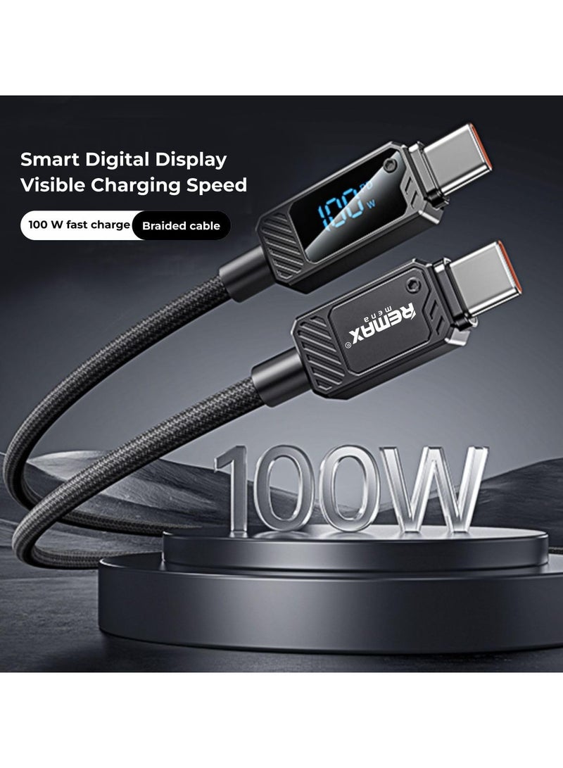 Remax Mena 100W Data Cable With Display (USB-C to Type-C), Fast Charging Zinc-Alloy Braided Elastic Cable with Charging Indicator, Fast Charging + Data Transmission,1.2M Length (White) - Image 2