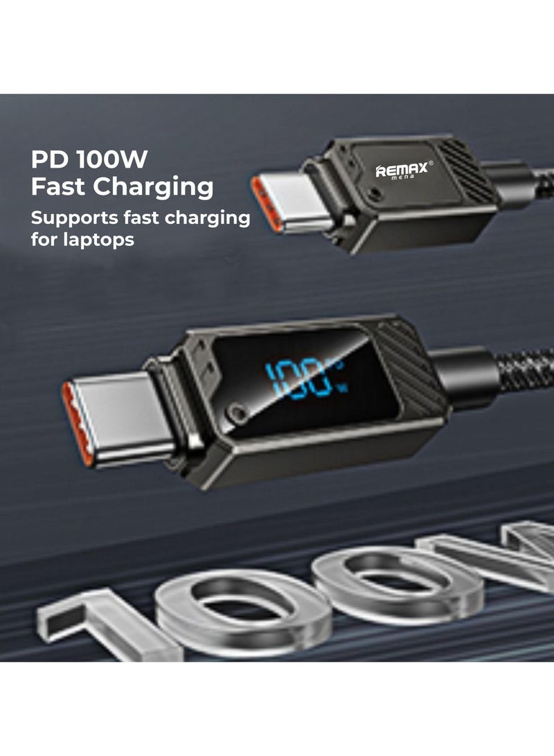 Remax Mena 100W Data Cable With Display (USB-C to Type-C), Fast Charging Zinc-Alloy Braided Elastic Cable with Charging Indicator, Fast Charging + Data Transmission,1.2M Length (White) - Image 3