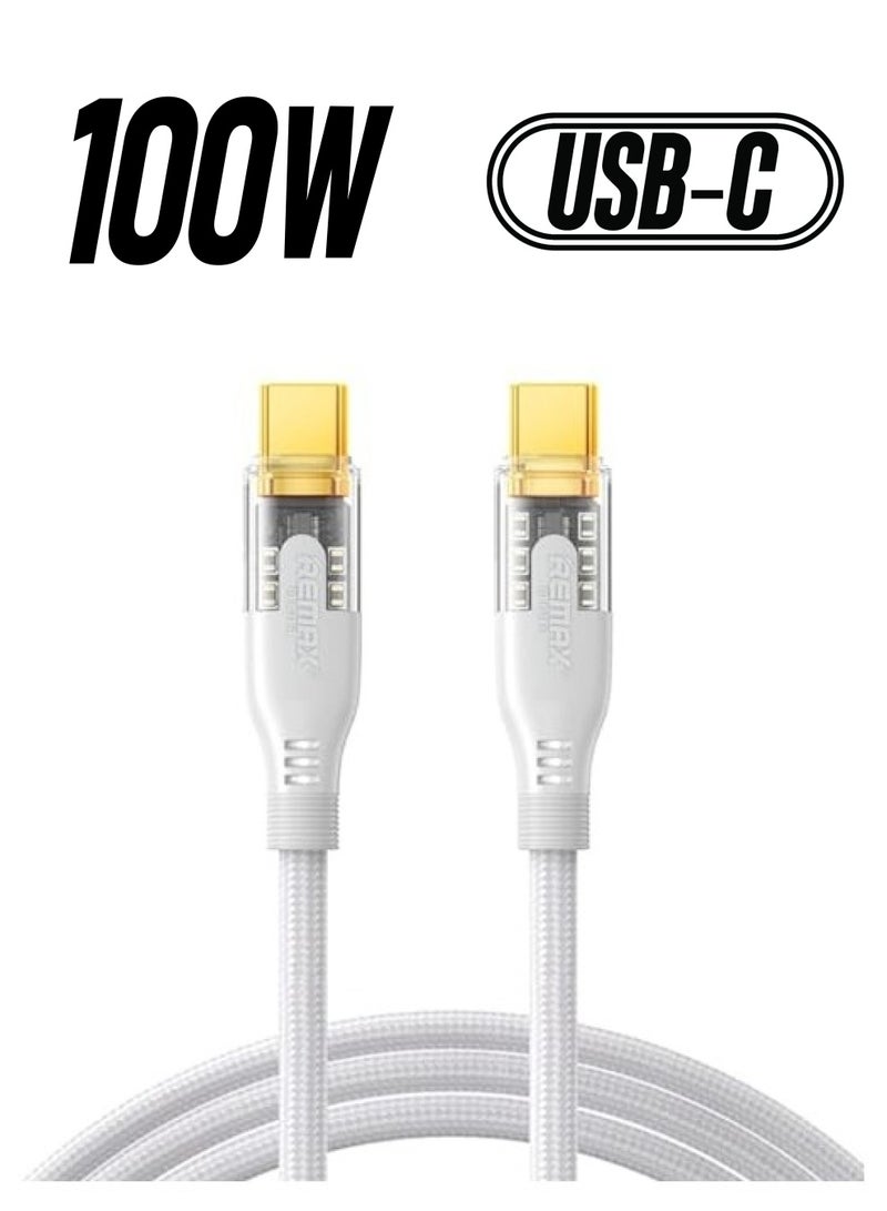 Remax Mena 100W Data Cable With Display (USB-C to Type-C), Fast Charging Zinc-Alloy Braided Elastic Cable with Charging Indicator, Fast Charging + Data Transmission,1.2M Length (White) - Image 1
