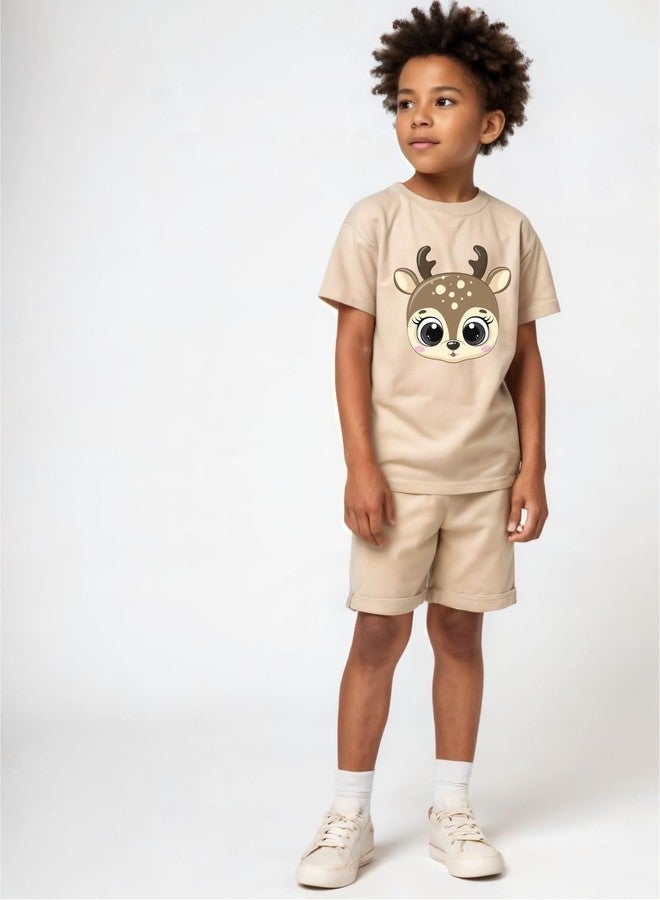 minicult kids Cotton Shorts with matching Tshirt Coord clothing set with cute Prints (Beige Reindeer)(12-18 MTS) - Image 5