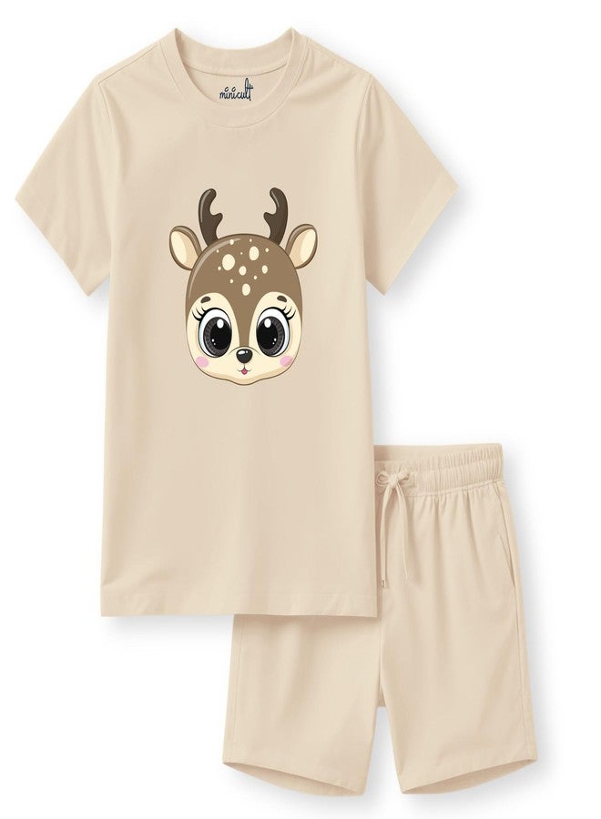 minicult kids Cotton Shorts with matching Tshirt Coord clothing set with cute Prints (Beige Reindeer)(12-18 MTS) - Image 1