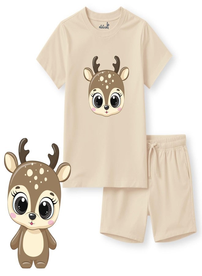 minicult kids Cotton Shorts with matching Tshirt Coord clothing set with cute Prints (Beige Reindeer)(12-18 MTS) - Image 2