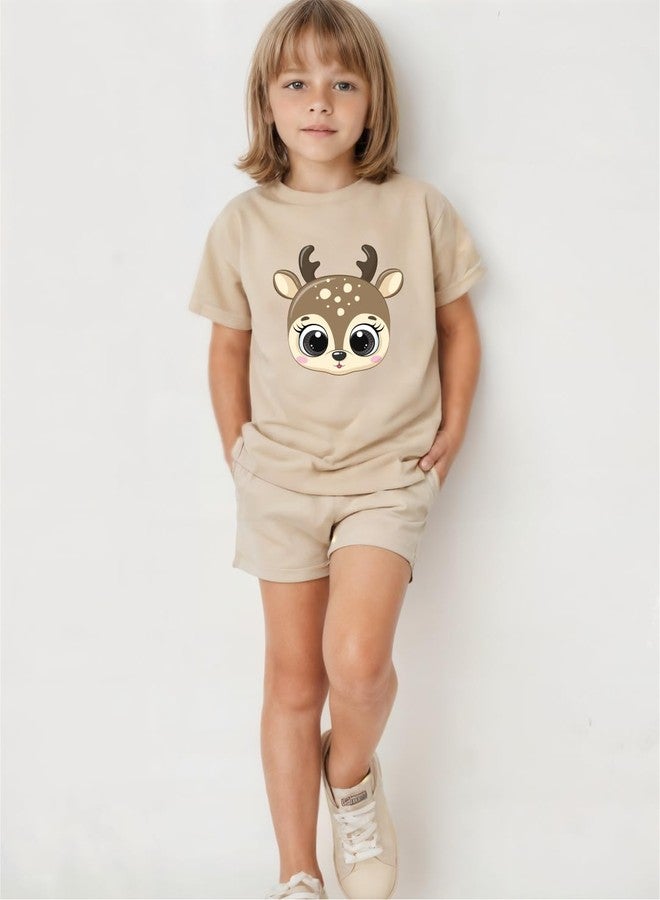 minicult kids Cotton Shorts with matching Tshirt Coord clothing set with cute Prints (Beige Reindeer)(12-18 MTS) - Image 4