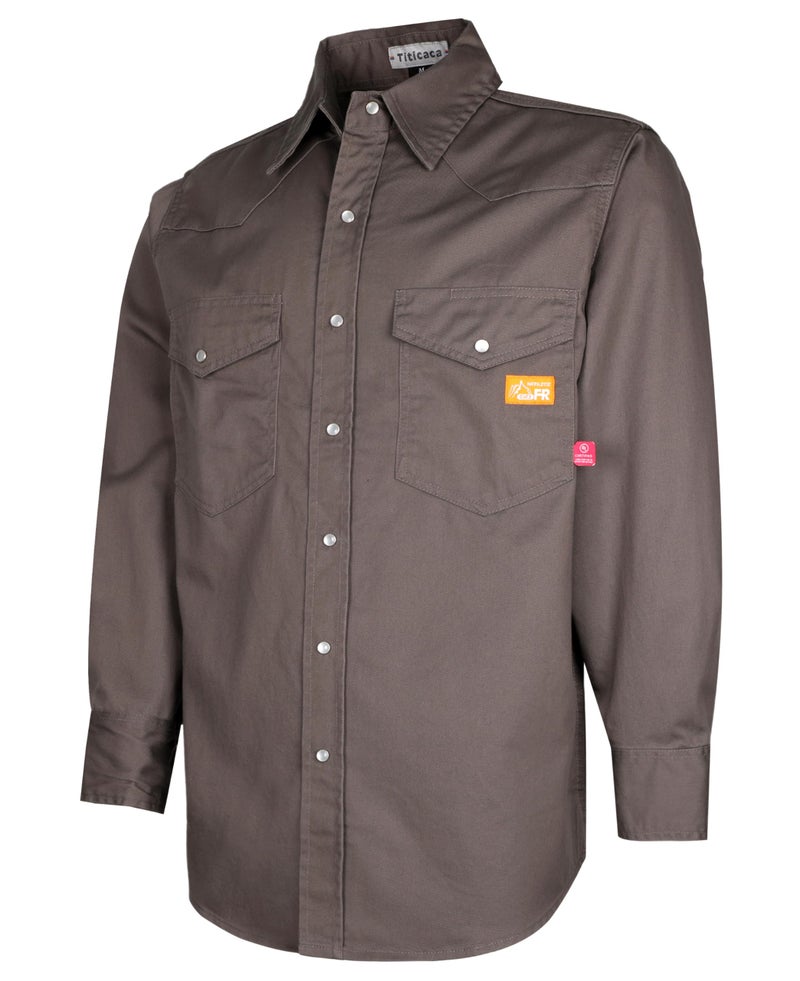 Titicaca FR Shirt for Men Pearl Snaps Flame Resistant 100% C 7.5oz Gray Welding Shirt