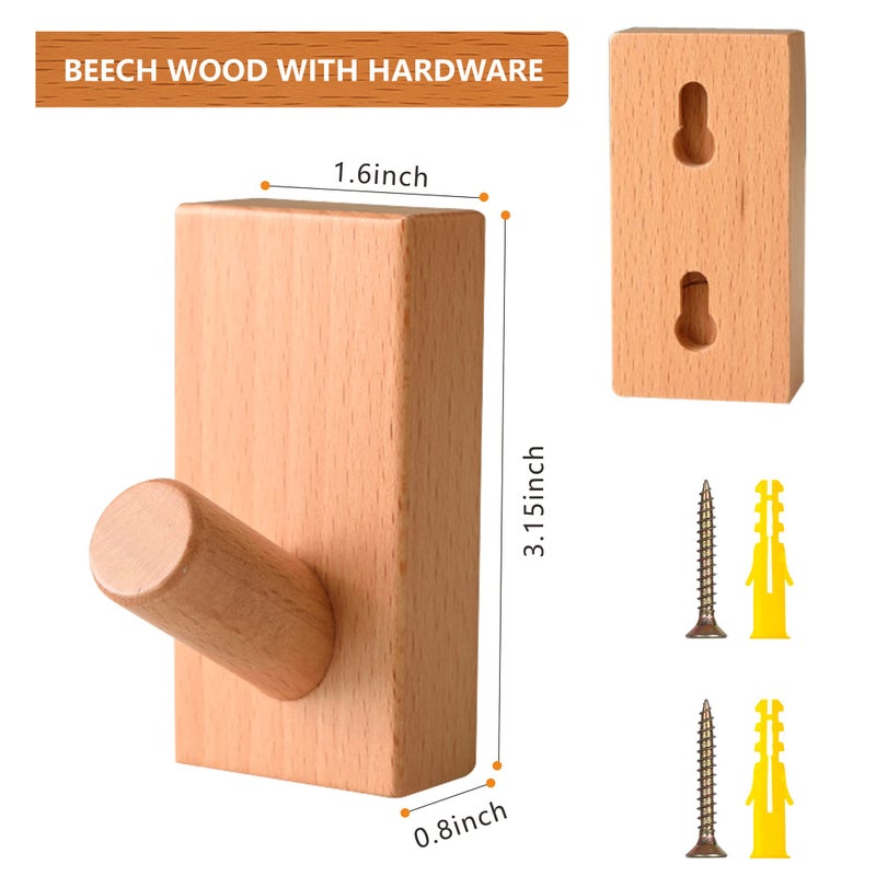 QUELLANCE Wood Wall Hooks for Hanging - 4 Pack Utility Hooks Coat Hooks Wall Mounted, Robe & Towel Hooks for Bathroom, Natural Handmade Hat Hooks Heavy Duty Wall (Beech Wood) - Image 4