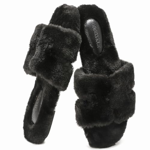 Stratuxx Kaze Womens Fur Slippers Comfy House Slides Sandals Open Toe Memory Foam Indoor Fluffy Slippers for Women Birthday Gift for Mom - Image 1