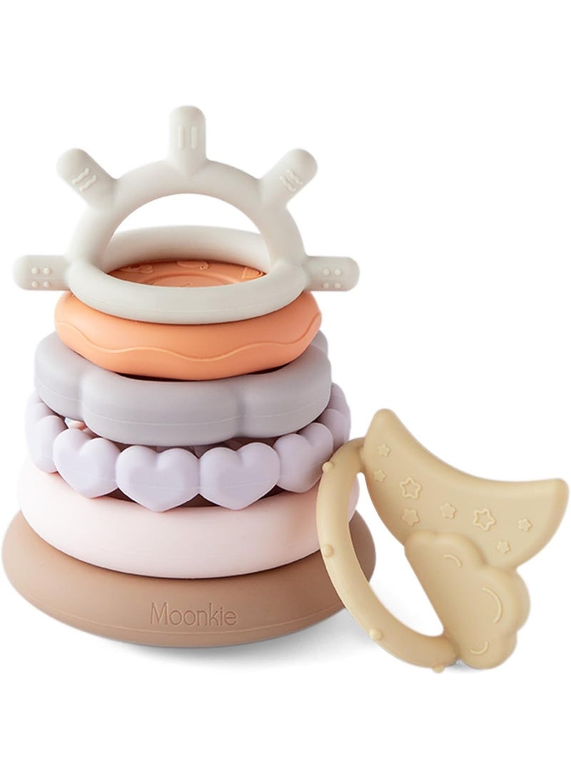 Moonkie Moonkie Stacks of Circles Soft Teething Toy | Educational Learning Baby Toy | Stacking Ring Toys for Babies Boy and Girl | 7 Piece Teethers Set (Nature) - Image 1