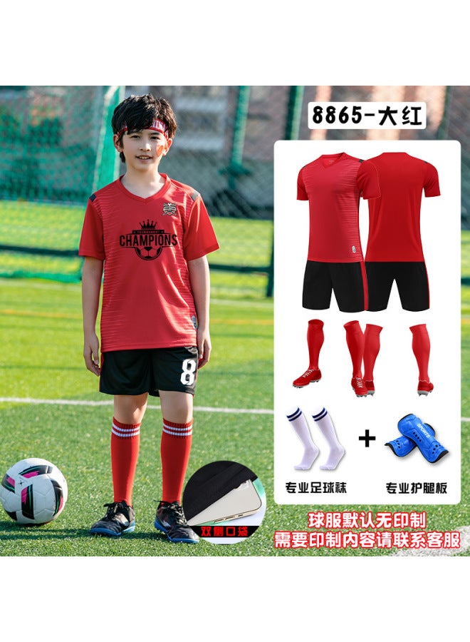 8865 Red Socks Shin Guards) Children's Football Clothing Suit Printing Boys And Girls Primary And Secondary School Students' Class Clothing Short-sleeved Training Clothing Competition Jersey Team Clothing Summer