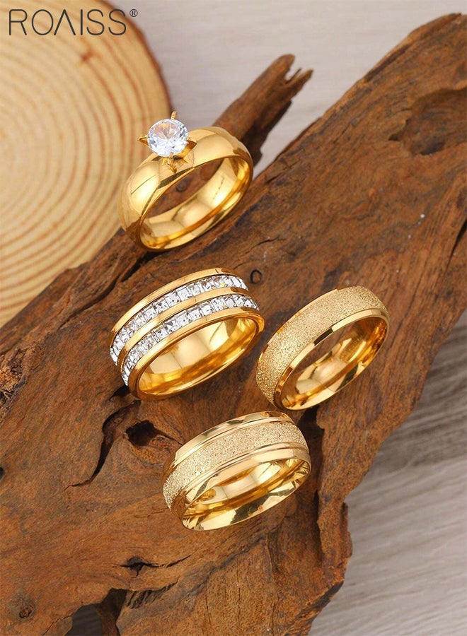 roaiss 4 Pcs Stainless Steel ring set for Women Men, Light Luxury Double Row Rhinestones Decoration, Fashionable and Casual Romantic Gold Ring, Suitable for Daily Wear - Image 2