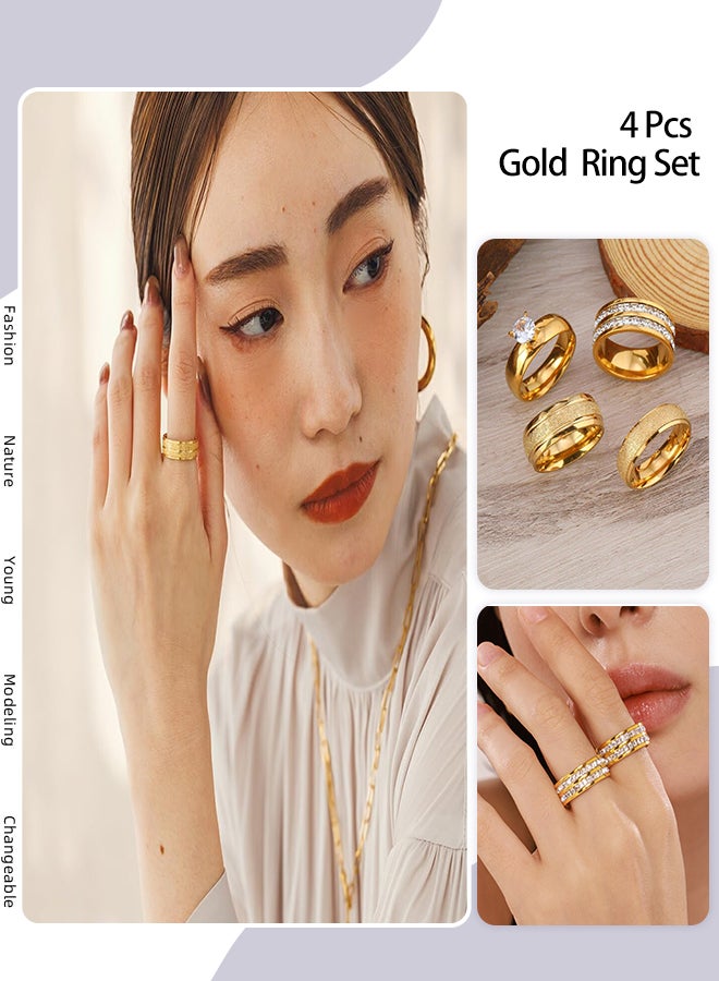roaiss 4 Pcs Stainless Steel ring set for Women Men, Light Luxury Double Row Rhinestones Decoration, Fashionable and Casual Romantic Gold Ring, Suitable for Daily Wear - Image 1