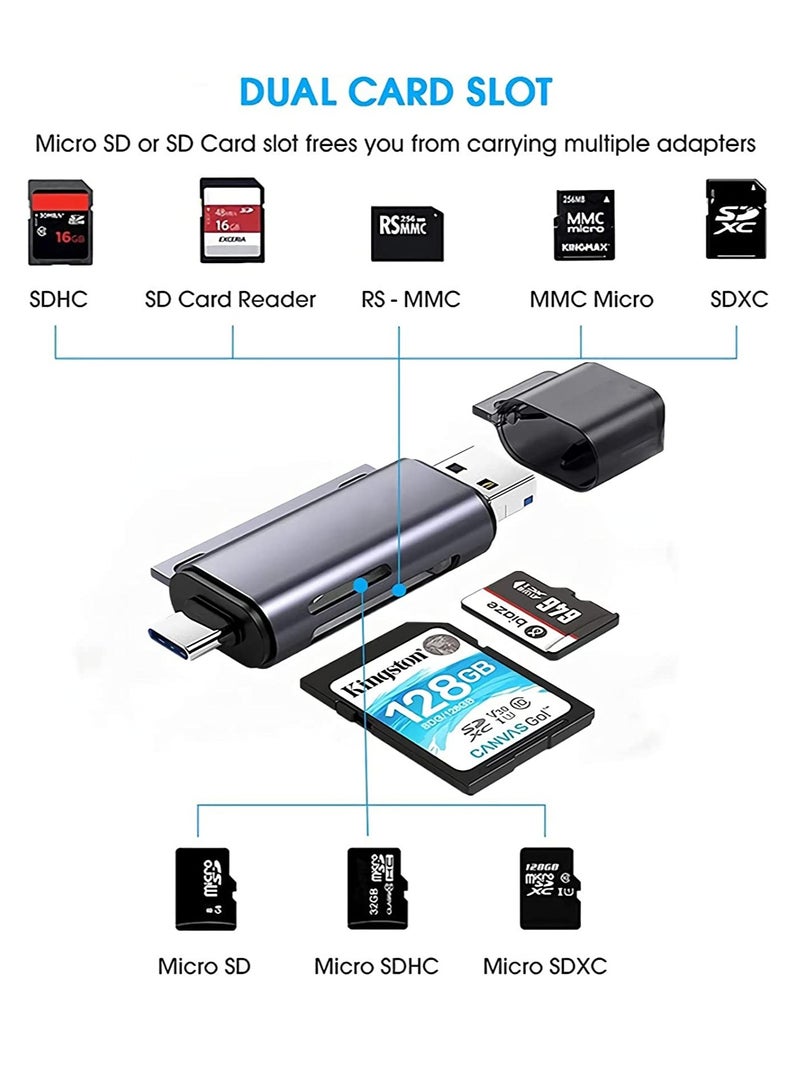 SD Card Reader, 3-in-1 USB C Memory Card Reader, USB 3.0 Card Reader Adapter for TF SD Micro SD SDXC SDHC MMC RS-MMC Micro SDXC Micro SDHC UHS-I for MacBook, PC, Laptop, Smart Phones, Tablets