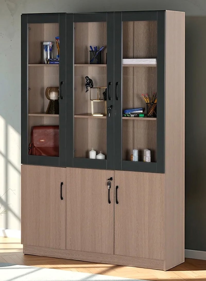 رويال أوك خزانة كتب 3 أبواب رويالوك ديكستر، مصنوعة من MDF بطبقة ميلامين، 9 رفوف، مفصلات إغلاق ناعم، تصميم كلاسيكي، قاعدة متينة - Image 1