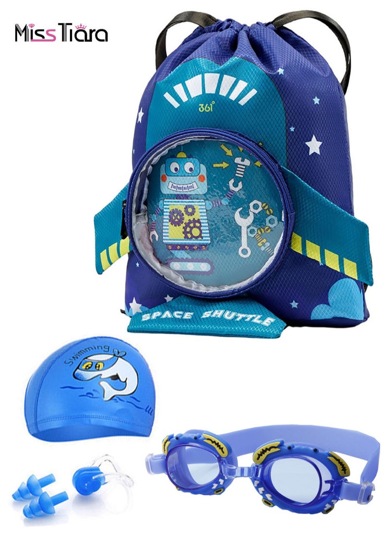 MissTiara - 4-Piece Kids Drawstring Waterproof Backpack Swimming Goggle Cap Set Drawstring Wet and Dry Separated Swim Bag for Girls and Boys with Swimming Cap, Swimming Goggles, Ear Plugs and Nose Clip - Image 1