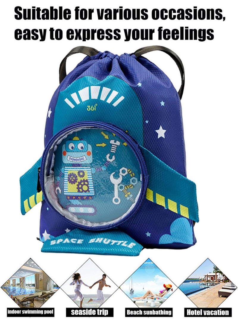 MissTiara - 4-Piece Kids Drawstring Waterproof Backpack Swimming Goggle Cap Set Drawstring Wet and Dry Separated Swim Bag for Girls and Boys with Swimming Cap, Swimming Goggles, Ear Plugs and Nose Clip - Image 1