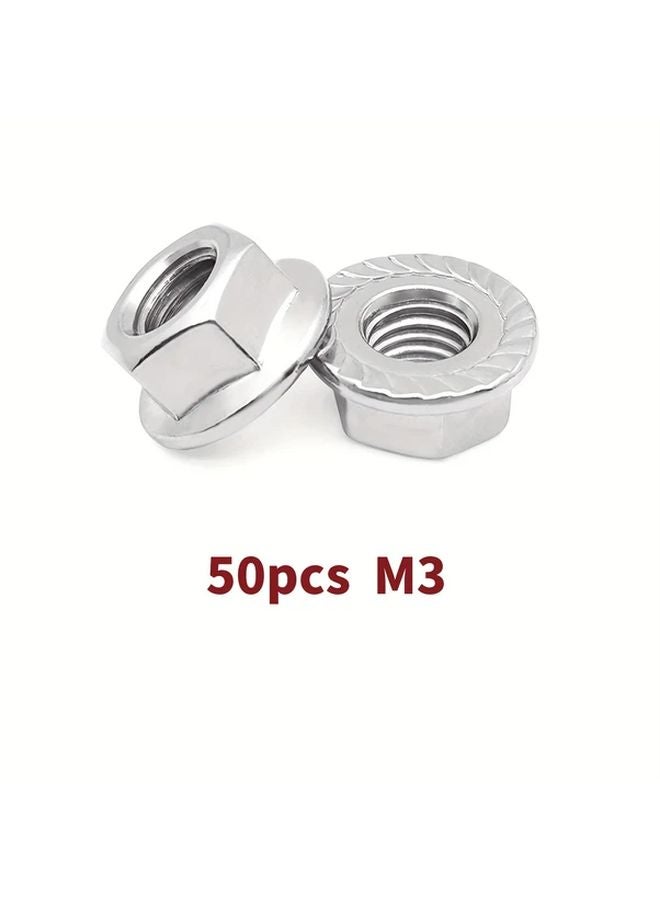 50pcs M3 Serrated Hex Flange Lock Nuts 304 Stainless Steel Plain Finish - Image 1
