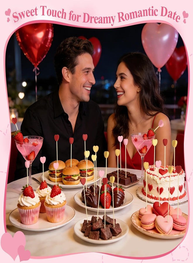 DOUDOULE أعواد كوكتيل على شكل قلب، أعواد أسنان فاخرة للمقبلات في عيد الحب، أسياخ فواكه من الخيزران بطول 4.7 بوصة، أعواد خشبية لتقديم اللحوم الباردة، ديكورات حفلات عيد الحب (أحمر/وردي/ذهبي) - Image 2