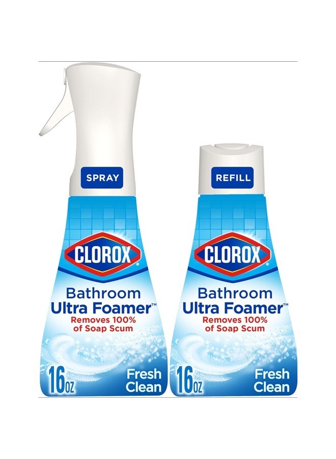 Clorox رغوة الحمام الفائقة، مستلزمات منزلية، نظافة منعشة، 1 بخاخ و 1 إعادة تعبئة، 16 أونصة سائلة لكل منهما (قد يختلف التعبئة) - Image 1