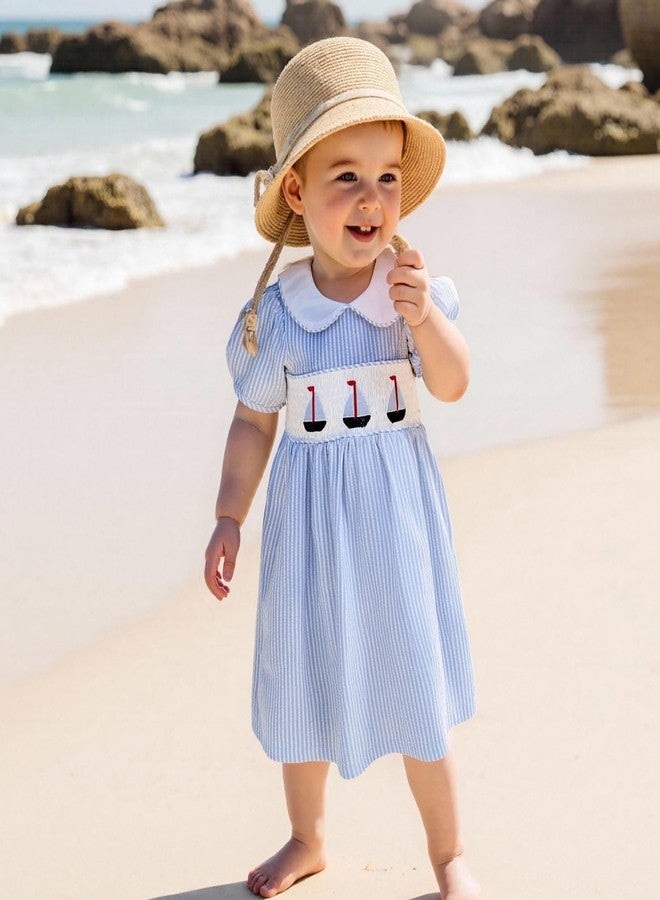 Socutebabe طقم ملابس Socutebabe للفتيات الصغيرات بتصميم قارب شراعي، فساتين مكشكشة، فستان بياقة دمية، ملابس صيفية لطيفة للفتيات الصغيرات (أزرق بتصميم قارب شراعي، 12-18 شهرًا) - Image 3