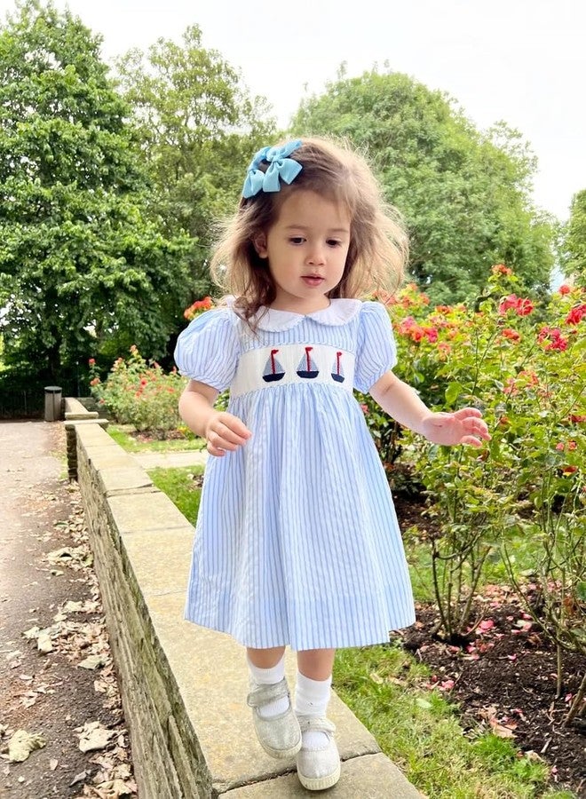 Socutebabe طقم ملابس Socutebabe للفتيات الصغيرات بتصميم قارب شراعي، فساتين مكشكشة، فستان بياقة دمية، ملابس صيفية لطيفة للفتيات الصغيرات (أزرق بتصميم قارب شراعي، 12-18 شهرًا) - Image 2