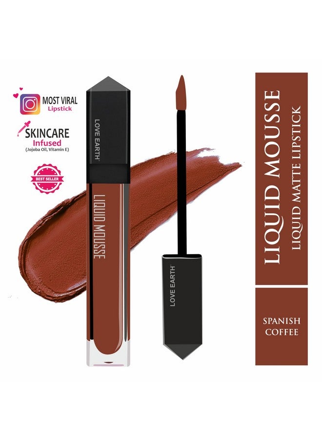 Love Earth Liquid Mousse Lipstick - Spanish Coffee Matte Finish | Lightweight, Non-Sticky, Non-Drying,Transferproof, Waterproof | Lasts Up to 12 hours with Vitamin E and Jojoba Oil - 6ml - Image 2