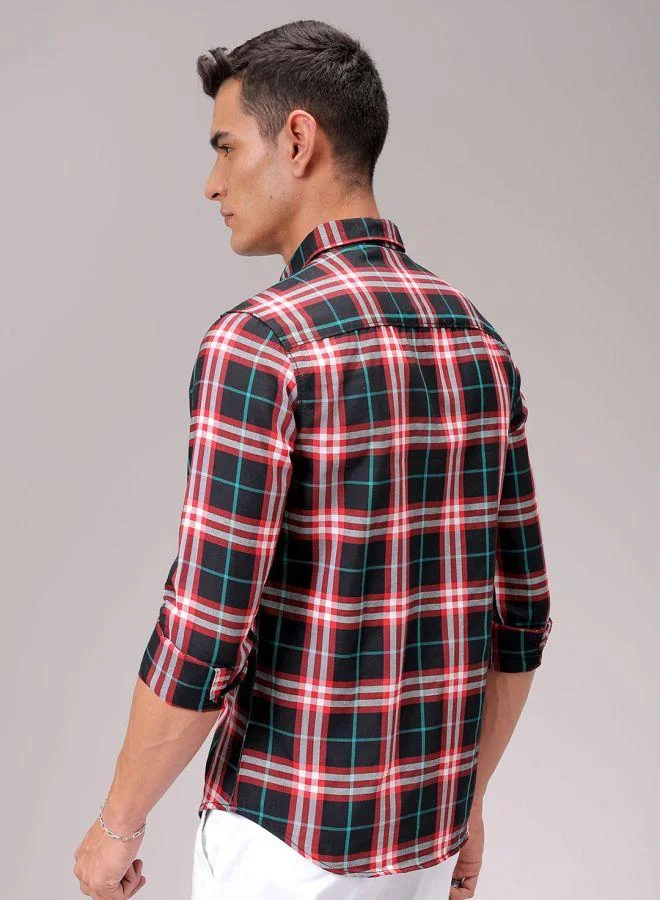 The Indian Garage Co Men Slim Fit Checkered Full Sleeves Cutaway Collar Casual Shirt