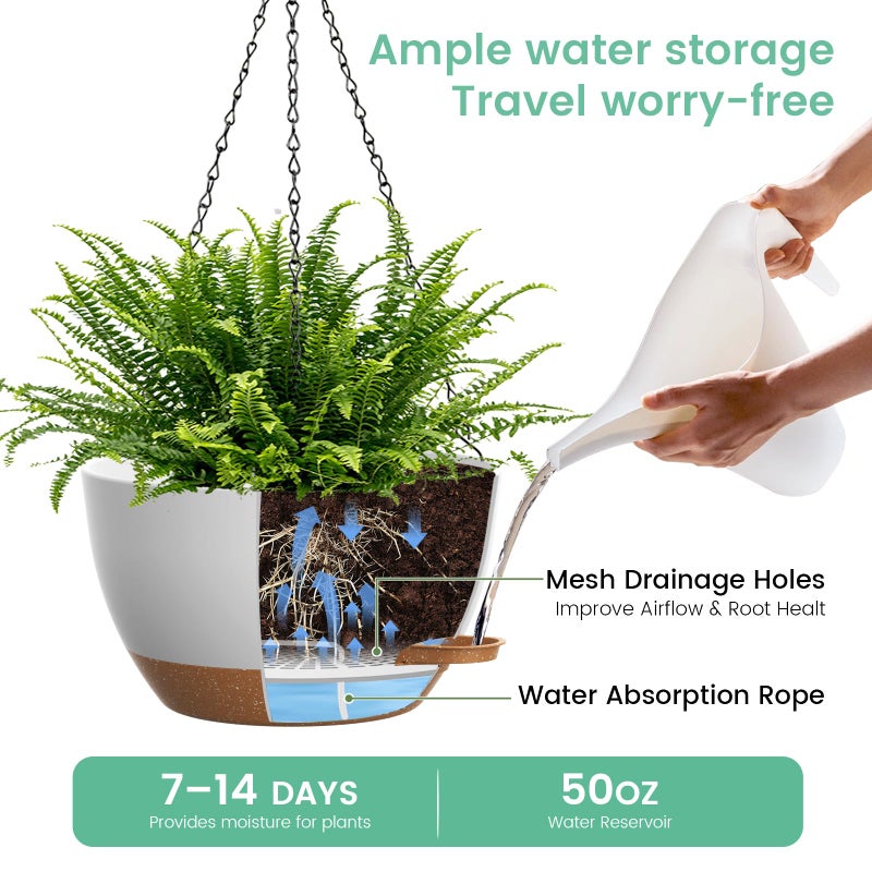 UOUZ 13 Inch 2 Pack Large Self Watering Hanging Planters for Indoor Outdoor Plants, Hanging Plant Pots with Removable 50 Oz Reservoir, Plastic Hanging Basket for Window Porch Garden, White with Brown - Image 3