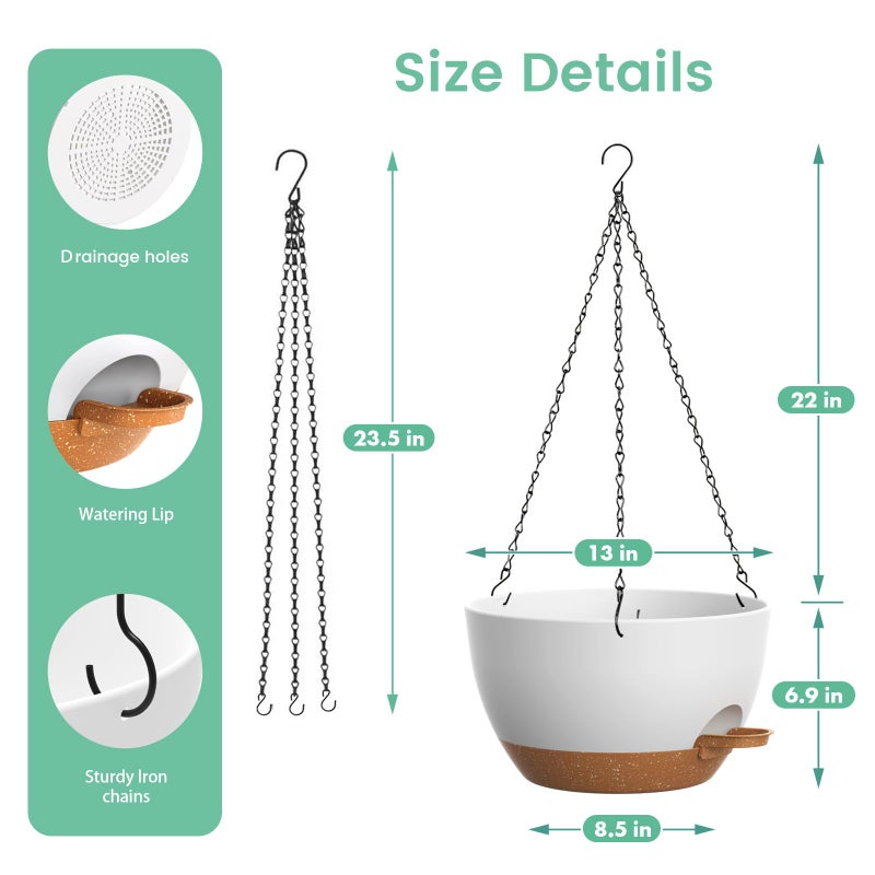 UOUZ 13 Inch 2 Pack Large Self Watering Hanging Planters for Indoor Outdoor Plants, Hanging Plant Pots with Removable 50 Oz Reservoir, Plastic Hanging Basket for Window Porch Garden, White with Brown - Image 5