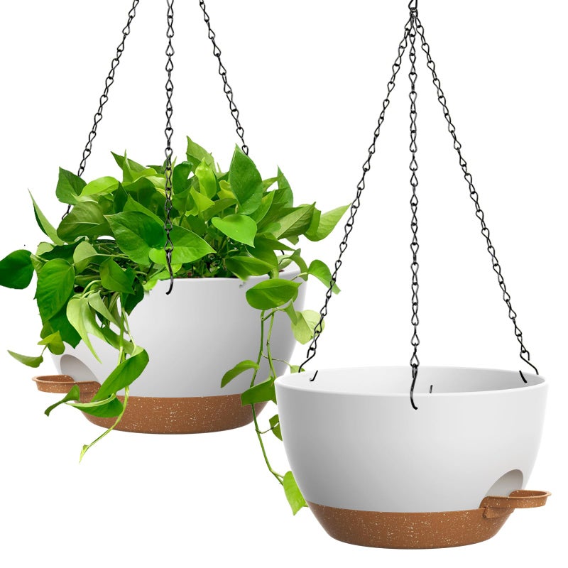 UOUZ 13 Inch 2 Pack Large Self Watering Hanging Planters for Indoor Outdoor Plants, Hanging Plant Pots with Removable 50 Oz Reservoir, Plastic Hanging Basket for Window Porch Garden, White with Brown - Image 1