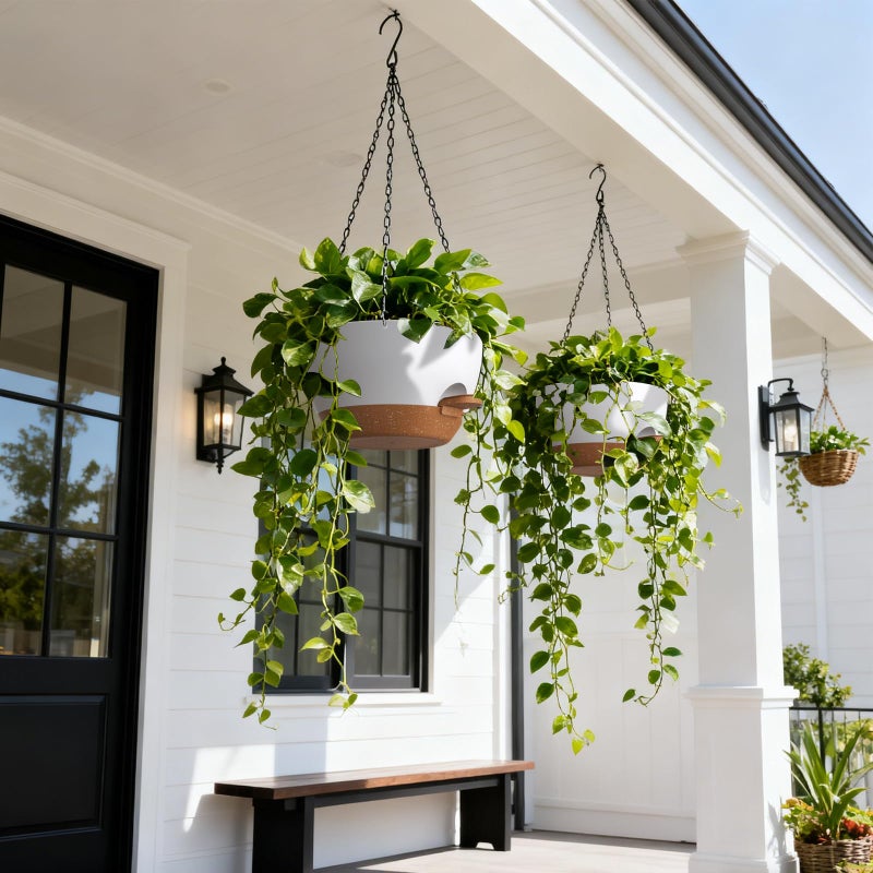 UOUZ 13 Inch 2 Pack Large Self Watering Hanging Planters for Indoor Outdoor Plants, Hanging Plant Pots with Removable 50 Oz Reservoir, Plastic Hanging Basket for Window Porch Garden, White with Brown - Image 2
