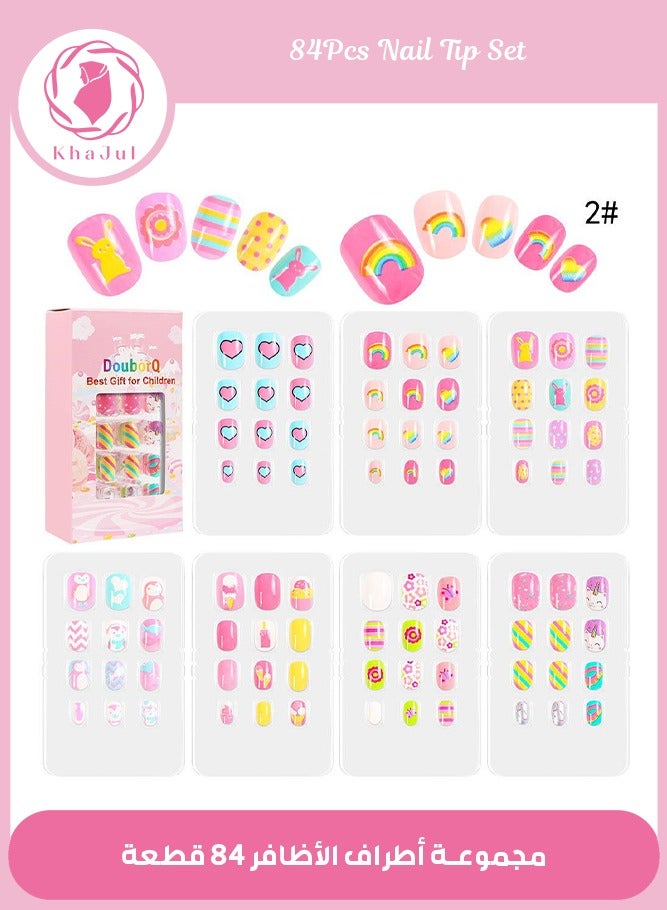 KHAJUL 84 Pieces Press on Nails, Nail Tips Pre Glue Full Cover, Short Acrylic Nails for Girls Kids Nail Art Decoration (Multicolour) - Image 1