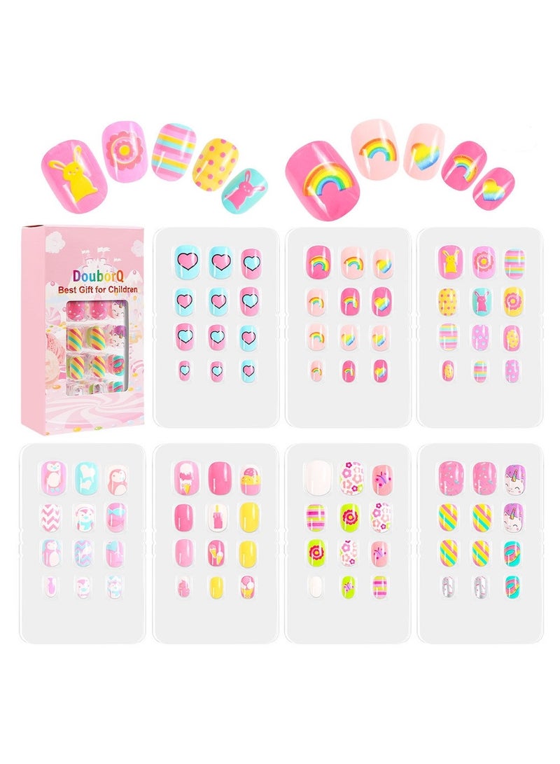 KHAJUL 84 Pieces Press on Nails, Nail Tips Pre Glue Full Cover, Short Acrylic Nails for Girls Kids Nail Art Decoration (Multicolour) - Image 2