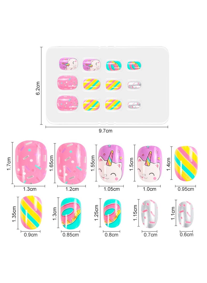 KHAJUL 84 Pieces Press on Nails, Nail Tips Pre Glue Full Cover, Short Acrylic Nails for Girls Kids Nail Art Decoration (Multicolour) - Image 3