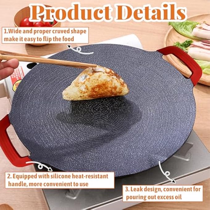 ريحني مقلاة شواء على الطريقة الكورية، مقلاة دائرية غير لاصقة بدون دخان بمقبض من السيليكون، مقلاة شواء مطلية بالحجر الطبي، مقلاة للقلي والتخييم الداخلي والخارجي، صينية خبز - Image 4