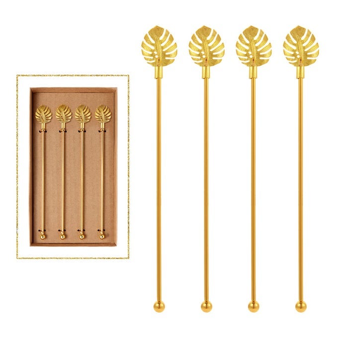 STAINLESS STEEL COFFEE BEVERAGE STIRRERS STIR COCKTAIL DRINK SWIZZLE STICK WITH PALM LEAF METAL TOP4PCS GOLD STIRRER