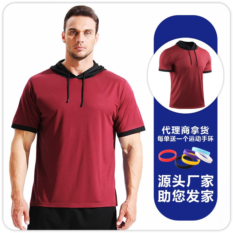 Generic Summer Basketball Hooded Sportswear Running Mountain Climbing Color Matching Fitness T-shirt Quick-drying Comfortable Short-sleeved Training Top Red