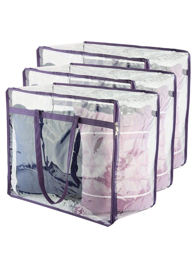 YelaJoy 3 Pack Clear Clothes Storage Bags, 40L Plastic Blanket Storage Bag, Vinyl Foldable Moving Bags with Zipper, Closet Organizers and Storage Containers for Bedding, Duvet, Comforter (Purple,46*23*38cm) - Image 1