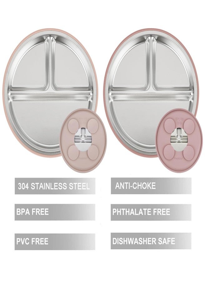 PandaEar طقم تغذية الأطفال PandaEar 4 قطع، 2 عبوة أطباق شفط من الفولاذ المقاوم للصدأ و2 عبوة ملاعق، أطباق مقسمة لأسلوب الفطام الذاتي للأطفال، خالية من BPA (وردي داكن/وردي فاتح) - Image 2