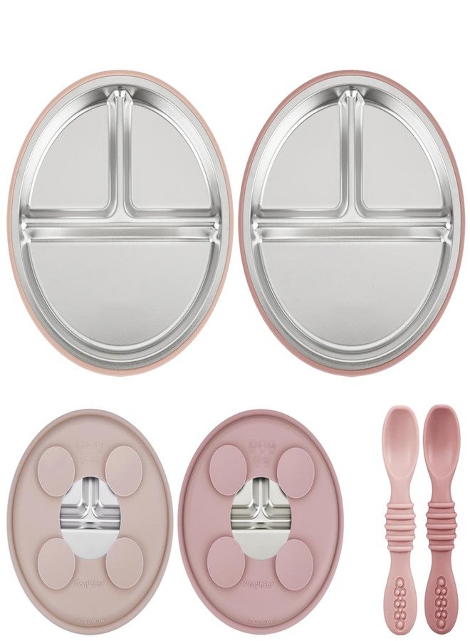 PandaEar طقم تغذية الأطفال PandaEar 4 قطع، 2 عبوة أطباق شفط من الفولاذ المقاوم للصدأ و2 عبوة ملاعق، أطباق مقسمة لأسلوب الفطام الذاتي للأطفال، خالية من BPA (وردي داكن/وردي فاتح) - Image 1
