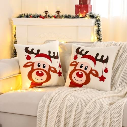 LUOYEHK Christmas Pillow Covers 18x18 Set of 2 Cute Reindeer Decorative Beige Pillow Cases Winter Holiday Velvet Embroidered Cushion Covers for Couch Sofa Bed - Image 2