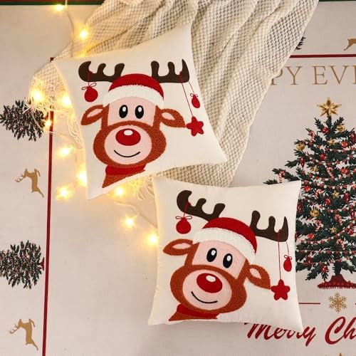 LUOYEHK Christmas Pillow Covers 18x18 Set of 2 Cute Reindeer Decorative Beige Pillow Cases Winter Holiday Velvet Embroidered Cushion Covers for Couch Sofa Bed - Image 3