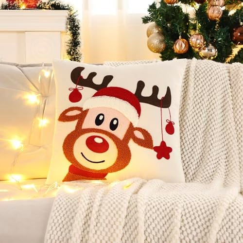 LUOYEHK Christmas Pillow Covers 18x18 Set of 2 Cute Reindeer Decorative Beige Pillow Cases Winter Holiday Velvet Embroidered Cushion Covers for Couch Sofa Bed - Image 4