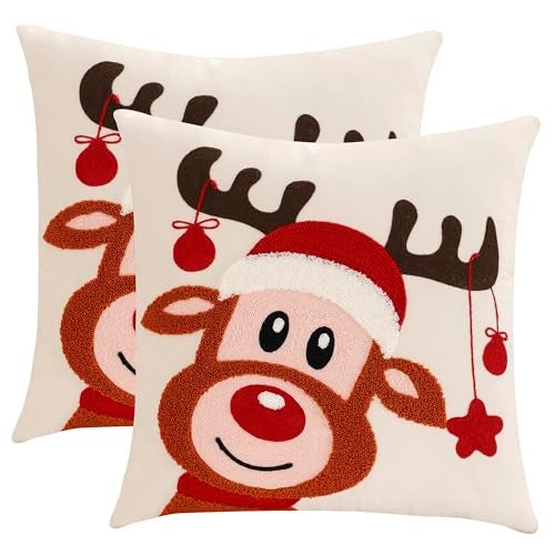 LUOYEHK Christmas Pillow Covers 18x18 Set of 2 Cute Reindeer Decorative Beige Pillow Cases Winter Holiday Velvet Embroidered Cushion Covers for Couch Sofa Bed - Image 1