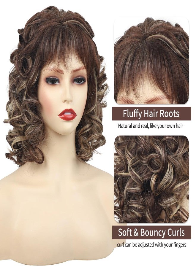 TISHINING Short Brown Curly Wig with Bangs Wigs for Women Brown Mixed Blonde Highlights Curly Shaggy Synthetic Full Wig Natural Looking Daily Paty Wig - Image 3