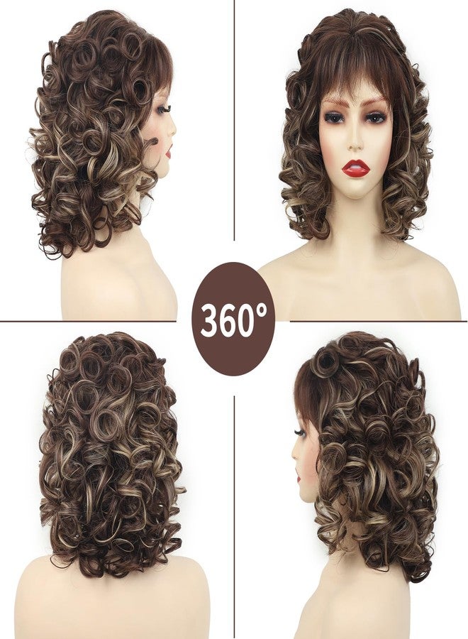 TISHINING Short Brown Curly Wig with Bangs Wigs for Women Brown Mixed Blonde Highlights Curly Shaggy Synthetic Full Wig Natural Looking Daily Paty Wig - Image 2